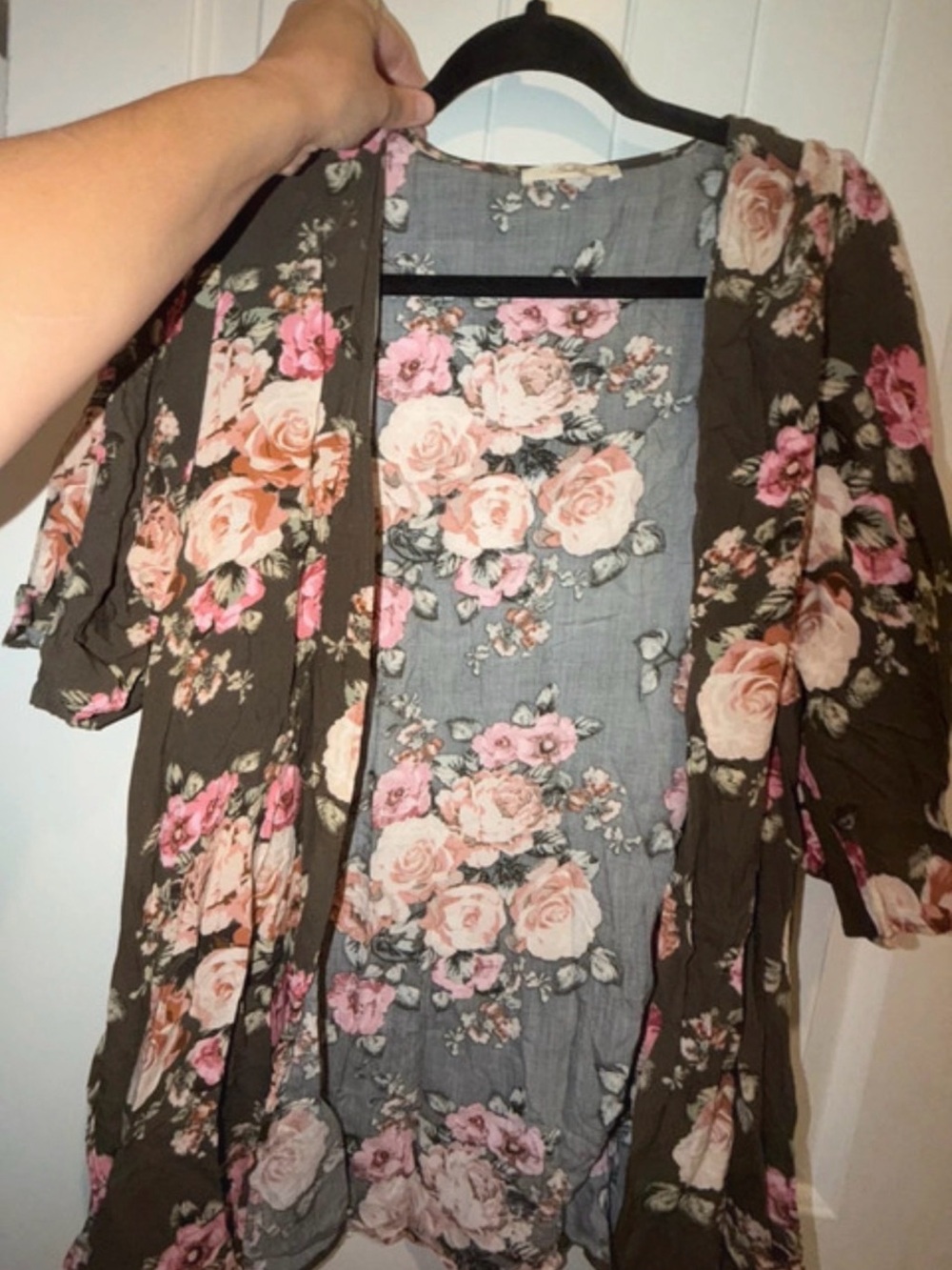 Andree Olive Floral Open-Front Kimono Robe with Pink Roses